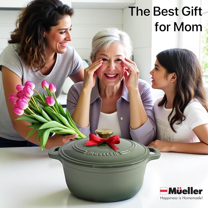 MUELLER HOME 7.5 Quart Enameled Cast Iron Dutch Oven For Sourdough Bread Baking, Heavy-Duty, Oven-Safe up to 500° F & Across All Cooktops, Casserole Dishes, Green Kitchen Accessories, Thyme Green | For Sourdough Bread Baking, Heavy-Duty, Oven-Safe up t...