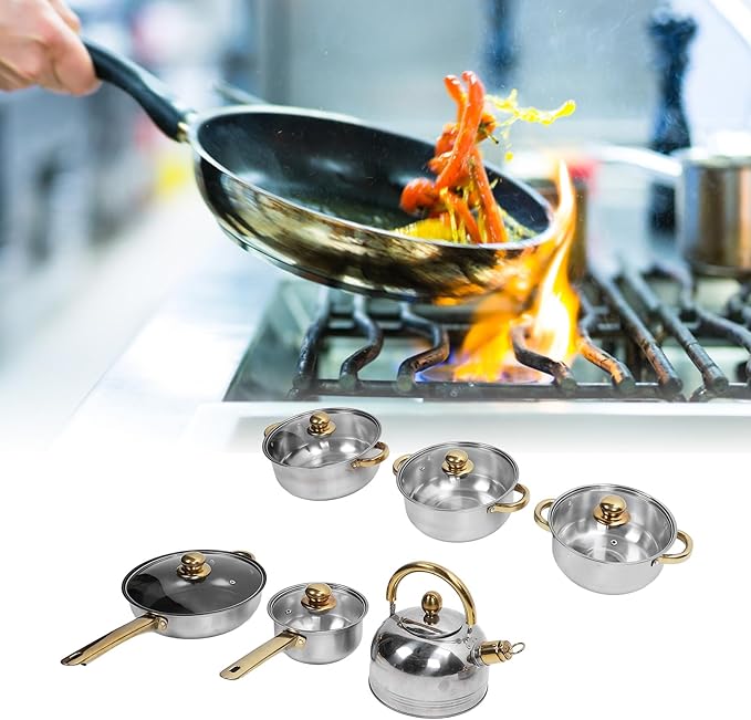 12pcs Pots and Pans Set, Stainless Steel Induction Kitchen Cookware Set with Detachable Handle, Dishwasher Non Stick Cooking Set with Frying Pan, Saucepans, Stockpots (Gold