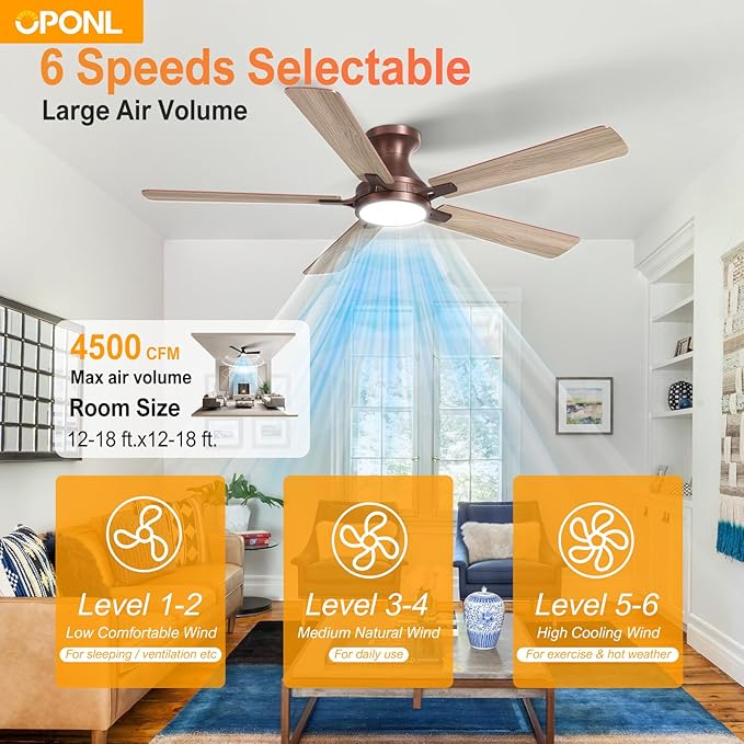 OPONL 52 Inch Brown Ceiling Fan with Light, Remote Control, Low Profile, Noiseless, Reversible, Dimmable, Timeable, Metal Housing, Flush Mount Ceiling Fans with Lights for Bedroom, Indoor/Outdoor Use