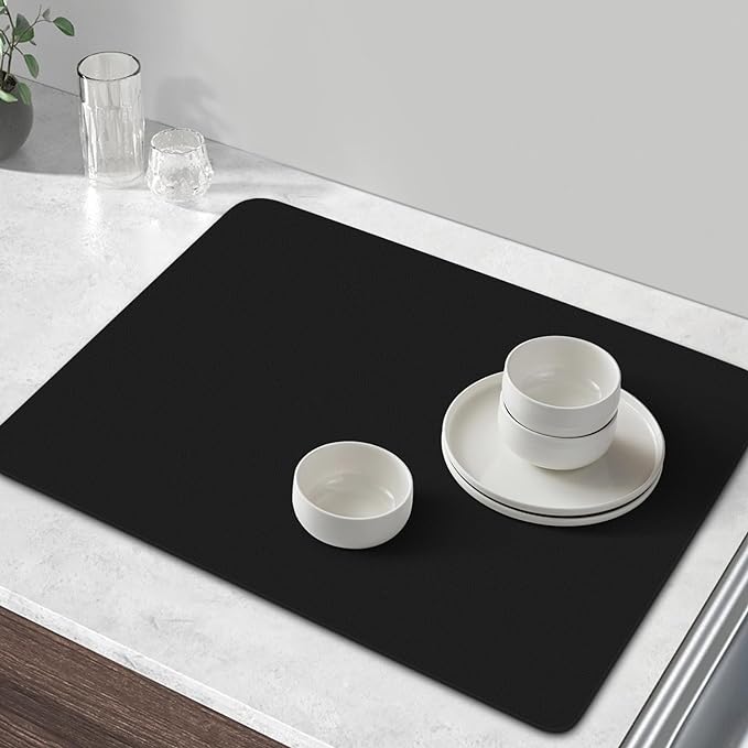 WISELIFE Coffee Mat Super Absorbent Dish Drying Mat Bar Accessories Match with Coffee Machine Large Drying Mats for Kitchen Counter 16" W x 24" L, Black