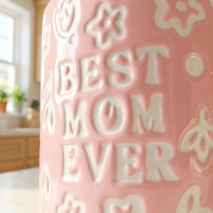 Mothers Day Gifts, Best Mom Ever Gifts for Mom from Daughter, Pink Floral Embossed Pattern Mother's Day Mug and Handmade Donut Crochet Gifts Set