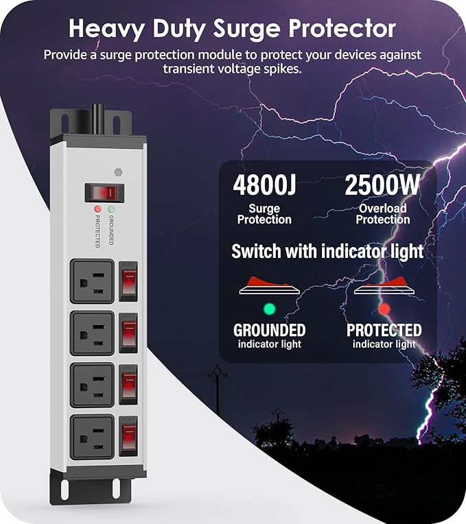 CCCEI Heavy Duty Surge Protector Power Strip 20 Amp Individual Switches. 6FT 12 Gauge Extension Cord with Multiple Outlets. Kitchen, Garage, Shop, Industrial Wall Mount Electric Extender, Grey.
