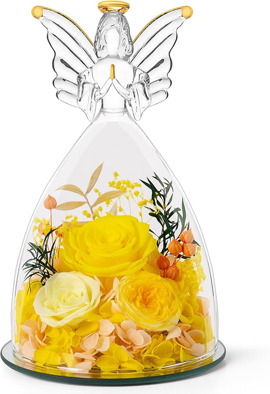 Mothers Day Roses Gifts for Mom Forever Preserved Real Roses Flowers in Glass Angel Figurines Fresh Flowers for Delivery for Grandma Women Mom Wife from Daughter/Yellow