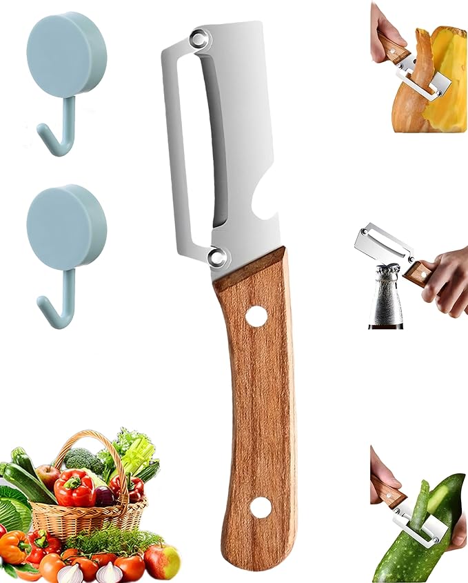 Wooden Kitchen Tool, Multifunctional Vegetable Peeler 2-in-1 with Bottle Opener, Ultra-Sharp Curved Blade, Multi Functional Vegetable Peeler Non-slip Handle for Vegetables or Fruits (1)