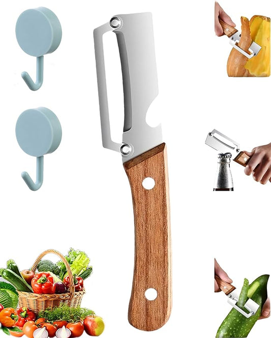 Wooden Kitchen Tool, Multifunctional Vegetable Peeler 2-in-1 with Bottle Opener, Ultra-Sharp Curved Blade, Multi Functional Vegetable Peeler Non-slip Handle for Vegetables or Fruits (1)