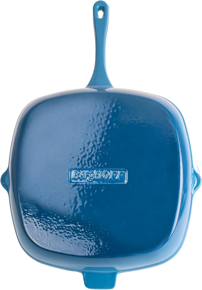 BergHOFF 3Pc Neo Enameled Cast Iron Cookware Set, 3qt. Dutch Oven, Matching Lid, Square Grill Pan 11 Inches, Oven Safe Up To 400°F, Blue
