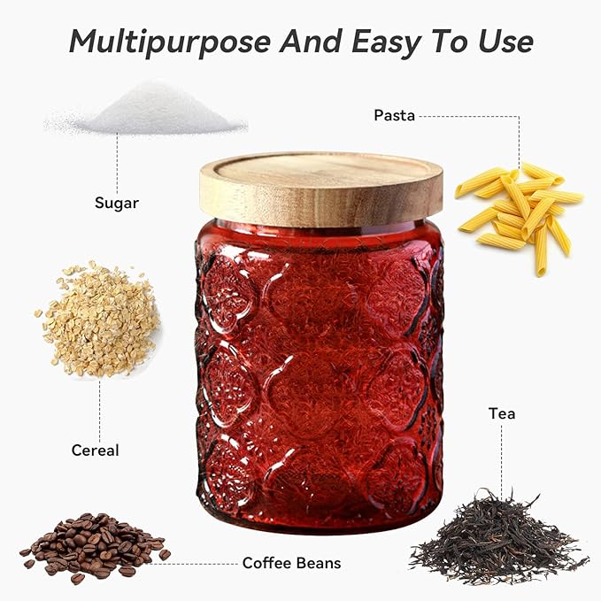 Glass Jar with Lid, Vintage Glass Storage Jars with Airtight Lid Coffee Canister Sugar Container for Kitchen Counter Pantry, Flour, Candy, Tea, Coffee Beans, Oats (Sunflower Red*2)