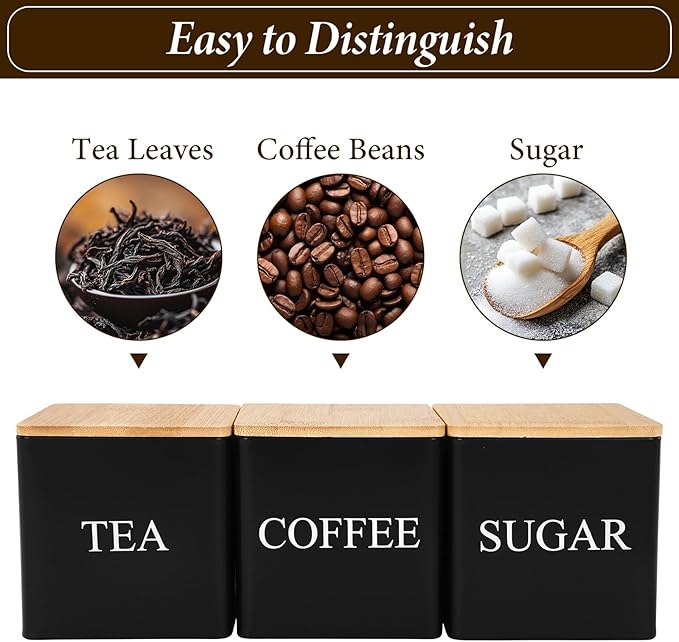 3 Pack 16oz Coffee Tea Sugar Container Set, Kitchen Canisters Set with Bamboo Lids, Stackable Food Storage Container Jars for Coffee Beans, Tea, Sugar, Flavourings, Cereals, Snacks (Black)