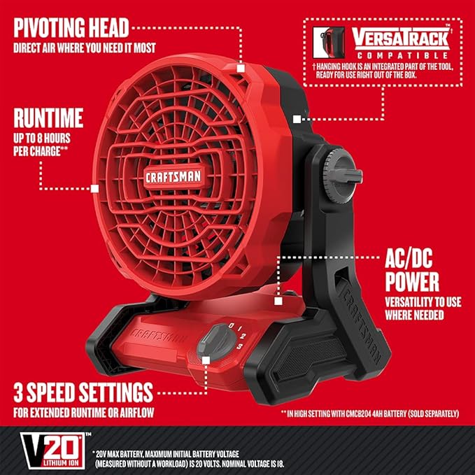 CRAFTSMAN 20V MAX* Cordless Fan, Tool Only (CMCE001B), Red
