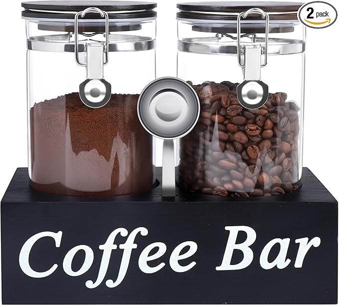 WYTAOHZL 2PCS Glass Coffee Containers with Shelf 54 oz Coffee Station Organizer Glass Bean Storage with Spoon Canister Set Jars with Airtight Locking Clamp for Bean Sugar Nuts