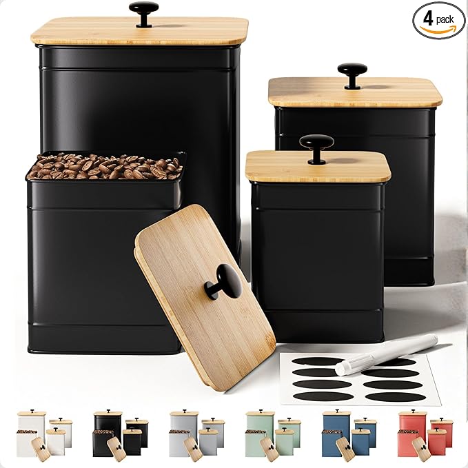 Kitchen Canisters for Countertop Set of 4 with Customizable Chalkboard Labels & Marker Pen - Big Iron Kitchen Canisters with Airtight Lids - Black Canister Set - Flour and Sugar Containers Farmhouse