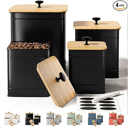 Kitchen Canisters for Countertop Set of 4 with Customizable Chalkboard Labels & Marker Pen - Big Iron Kitchen Canisters with Airtight Lids - Black Canister Set - Flour and Sugar Containers Farmhouse