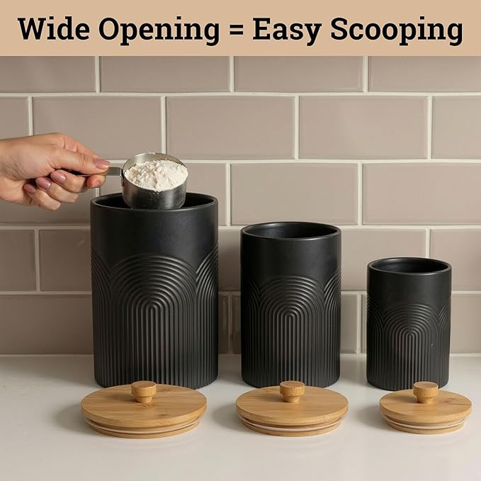 Ceramic Kitchen Canisters for Countertop Set of 3 with Airtight Bamboo Lids - Black Kitchen Canisters with Airtight Lids - Flour Sugar Canister Set - Flour and Sugar Containers Farmhouse - Coffee Jar