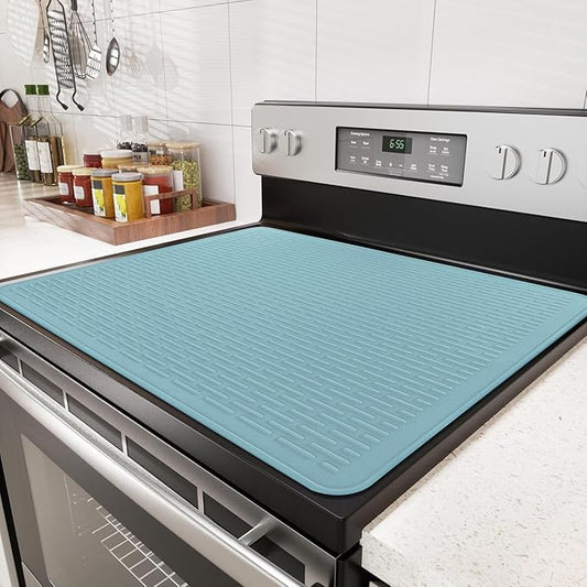 Stove Top Cover for Electric Stove - Food Grade Ceramic Stove top Cover, Silicone XXL Dish Drying Mat, Glass Cooktop Covers, Flat RV Range top Mats (Blue Thickened,28x20)