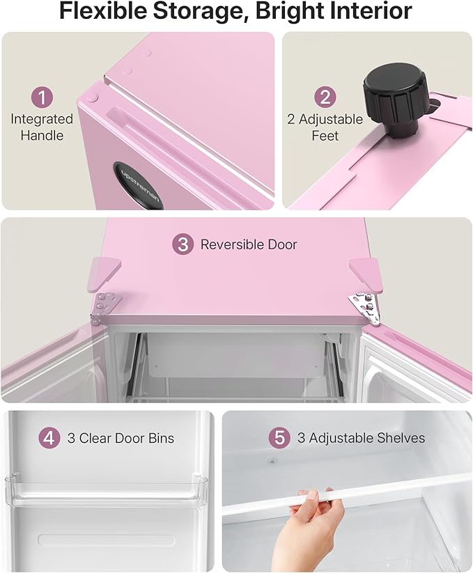 Upstreman 3.2 Cu.Ft All-Refrigerator Mini Fridge, Single Door Small Refrigerator, Dorm Fridge with 7 Adjustable Thermostat, Compact Refrigerator for Office, Bedroom or Dorm,Pink-CR32