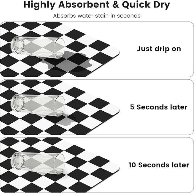 16" x 24" Checkered Dish Drying Mat for Kitchen Counter, Absorbent Coffee Bar Mat for Espresso Machine Coffee Countertops Accessories, Black