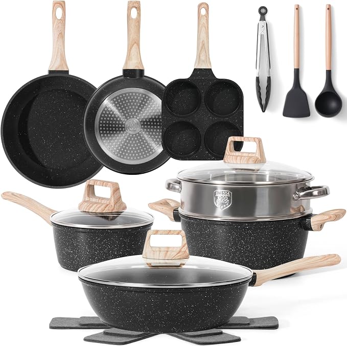 SODAY Pots and Pans Set Non Stick, 17Pcs Black Granite Induction Cookware | PFAS/PFOA/PFOS Free Nonstick Kitchen Cooking Set, Stay-Cool Handles, Pot Protectors, Eggs Pan, Fry Pans & Saucepans