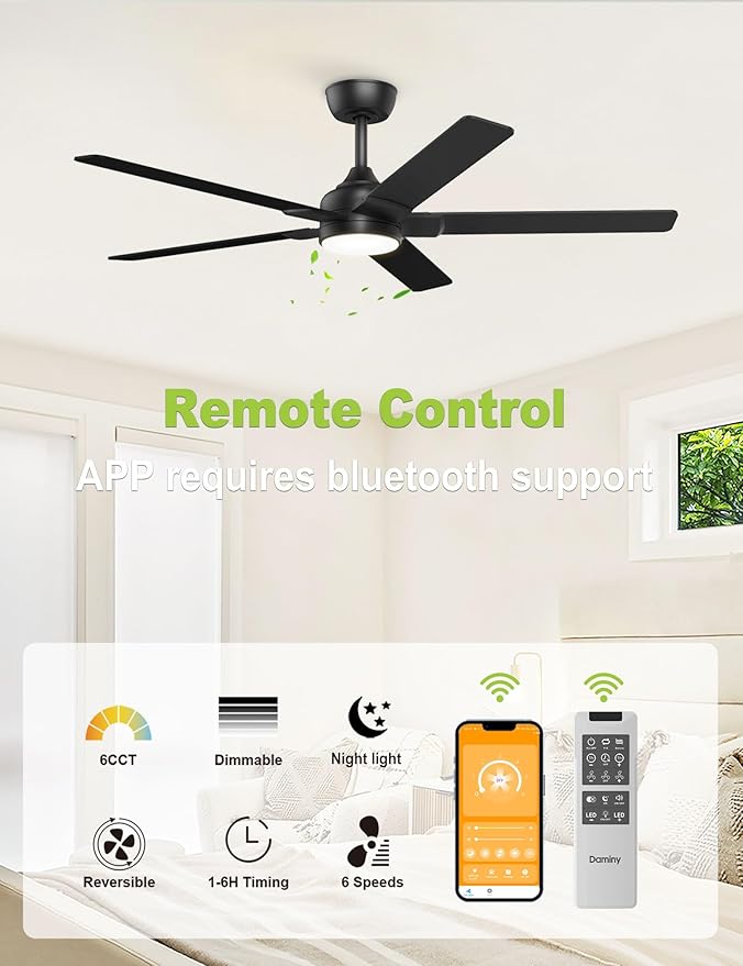 DAMINY 52 inch Black Ceiling Fans with Lights,5 Blades,6CCT, Low Profile,Remote Control,for Bedroom, Kitchen,Living Room,Indoor/Outdoor Use,Downrod