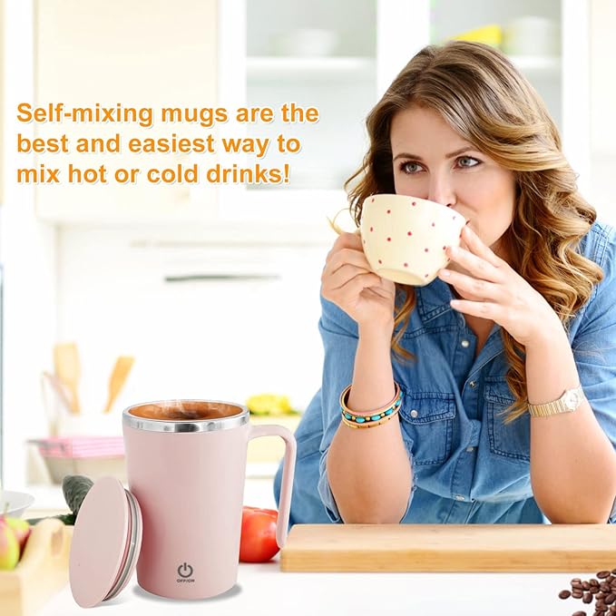 Electric Self Stirring Mug 1200mAh Rechargeable Automatic Mixing Mug Stainless Steel Magnetic Stirring Cup Reusable Self Mixing Coffee Cup Portable Auto Stirring Mug for Home Office Coffee Milk(Pink)