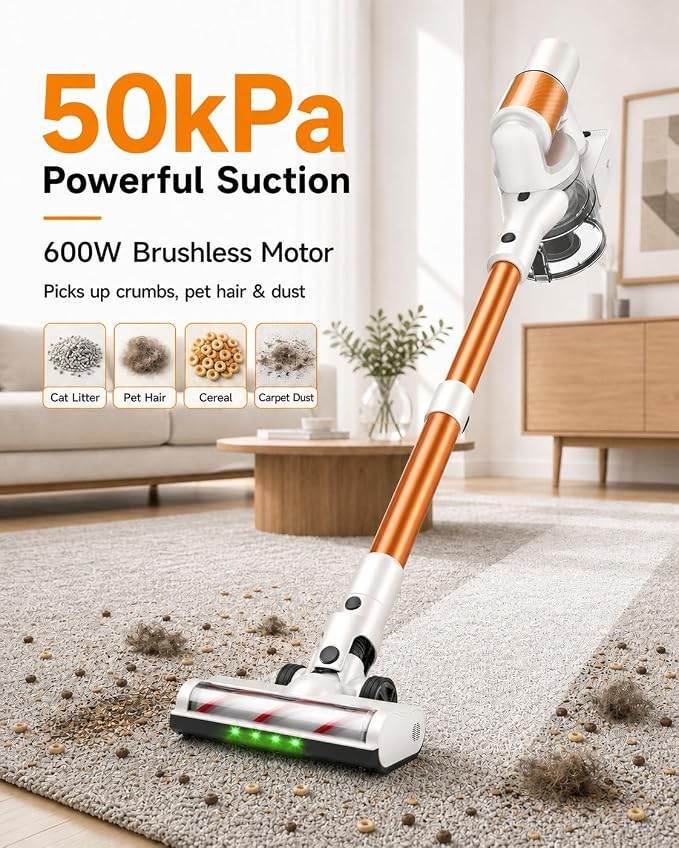 Cordless Vacuum Cleaner, 2 Batteries 110 Minutes Runtime, 600W 50KPA Stick Vacuum with Self-Standing, Tangle-Free Brush, LED Display, Vacuum Cleaner for Home Hardwood Floor, Carpet, Pet Hair