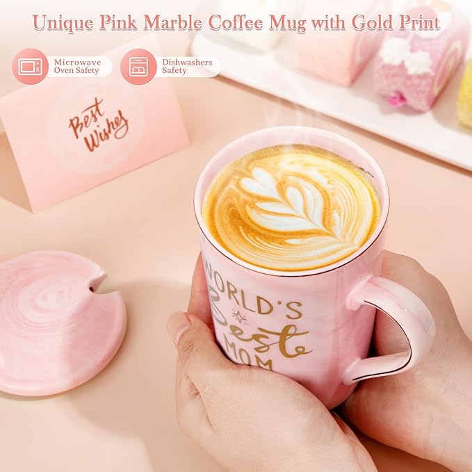 Mothers Day Birthday Gifts for Mom from Daughter Son - 14Oz Funny Best Mom Mug with Gold Print, Unique Pink Marble Coffee Cup with Lid Spoon Greeting Card, Happy Moms Gifts Idea, Luxury Gift Boxed Set