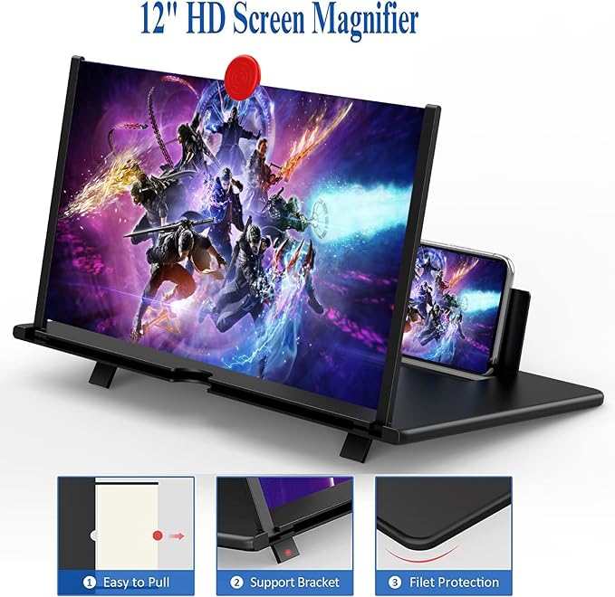 12" Screen Magnifier for Cell Phone,3D Magnifying Projector Screen Enlarger Expander for Movies, Videos, and Gaming, Foldable Phone Stand with Screen Amplifier, Gifts for Mom Dad