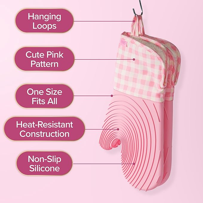 Paris Hilton Oven Mitt Set with Limited Edition Pink Gingham Design, Heat Resistant Pot Holders Featuring Non-Slip Textured Silicone Grips, 2-Piece Set, Pink