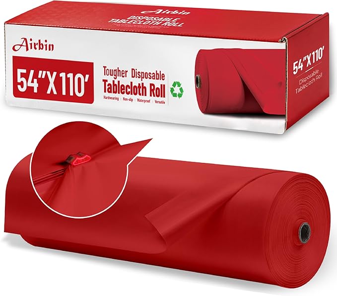 Plastic Table Cloth, 110 Ft X 54 in Disposable Tablecloth Red Tablecloth Premium PEVA Plastic Table Cloth Disposable with Any Cut Sliding Cutters for Picnics, Parties, Birthdays, Festivals