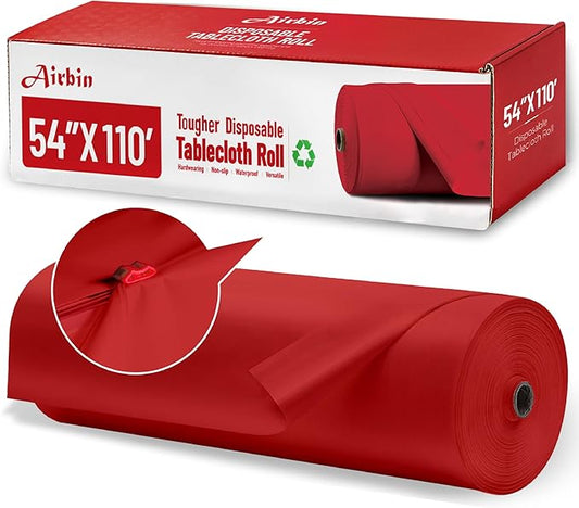 Plastic Table Cloth, 110 Ft X 54 in Disposable Tablecloth Red Tablecloth Premium PEVA Plastic Table Cloth Disposable with Any Cut Sliding Cutters for Picnics, Parties, Birthdays, Festivals