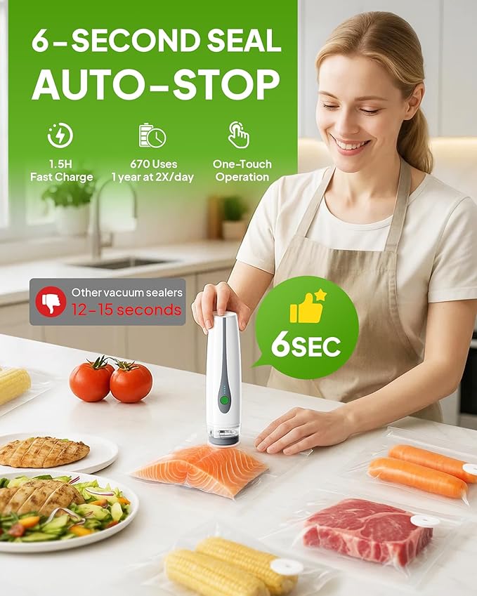 Handheld Compact Vacuum Sealer for Food (Vacuum Sealer Machine + 30 Reusable Vacuum Bags), 6-Second Seal & 6X Fresh Longer, Rechargeable Portable Vacuum Sealer for Travel/Home Kitchen/Chef