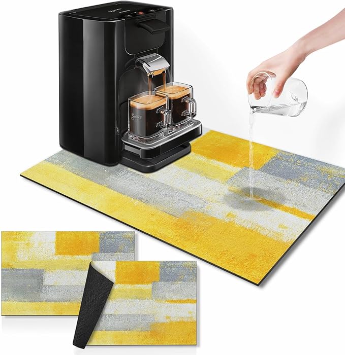 Arttown Coffee Mat for Countertops, Yellow White Grey Abstract Modern Dish Drying Mat 2 Pcs for Kitchen Bar Accessory, Fit Under Coffee Maker Espresso Machine Dish Rack Hide Stain 12x19in