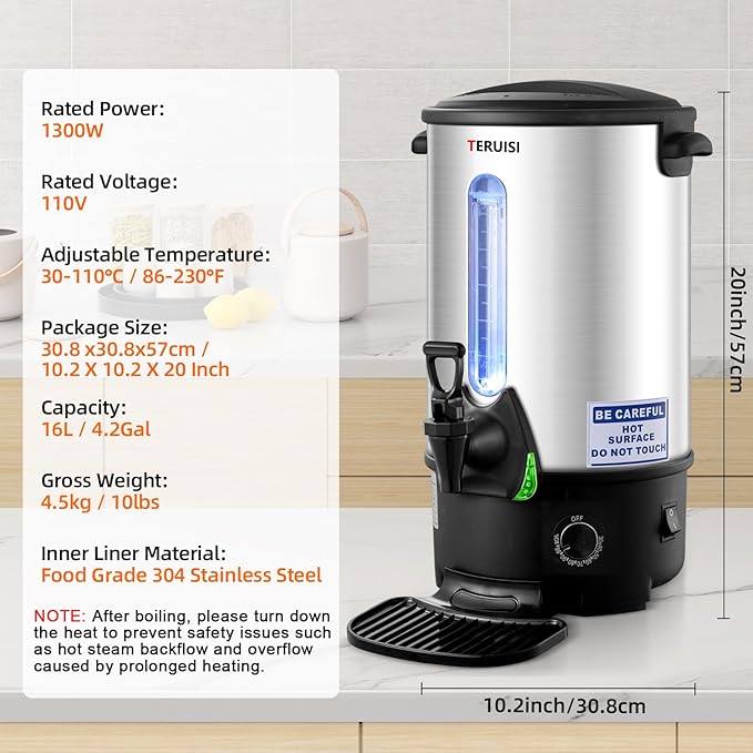 Commercial Coffee Urn, 110 Cup 1300W Hot Water Urn, 16L Large Coffee Maker, Dual Wall Stainless Steel Pot Hot Beverage Dispenser with Filter Basket & Temp Control for Catering, Business, Party