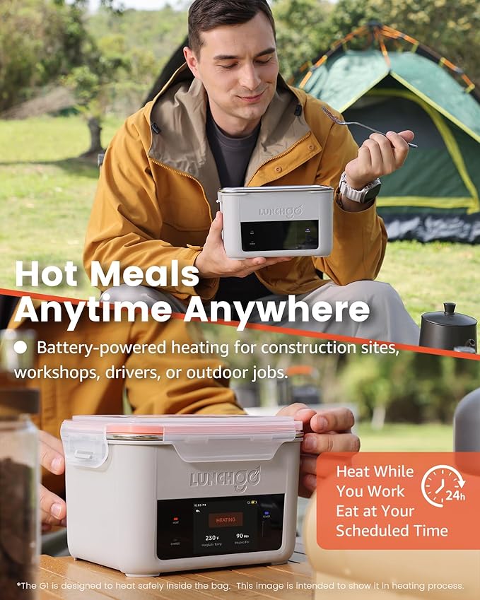 LUNCHGO® G1 – Standard(74 Wh), Smart Electric Heated Lunch Box Food Warmer – Cordless, 5 Cups, Battery Powered, 250°F Max, Scheduled Heating, Perfect for Outdoor Work, On-The-Go Meals (Neon Gray)