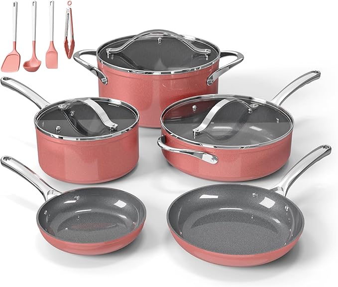 Bakken 12-Piece Aluminum Cookware Set with Ceramic Nonstick Coating, PTFE & PFAS Free, All Stovetop Safe Up To 500°F, Pots and Pans Set with Lids, Silicone Utensils Included, Dishwasher Safe, Pink