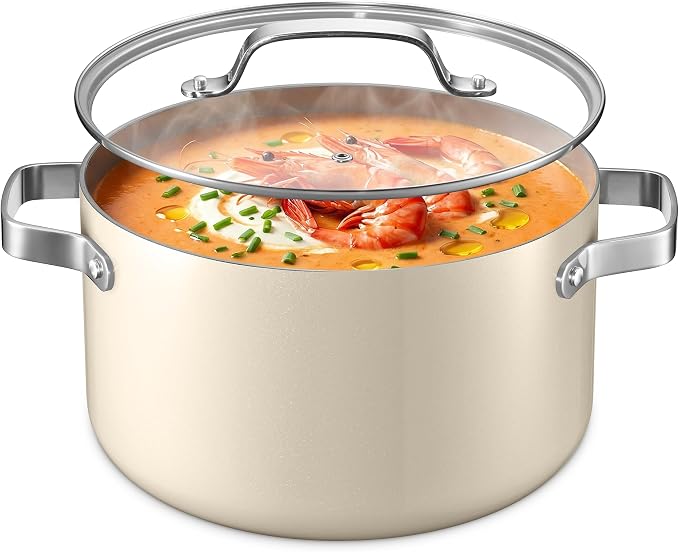 Bakken 8.5 Quart Ceramic Coated Stock Pot with Lid, Easy Clean Nonstick Pot, Tempered Glass Lid, Riveted Stainless Steel Handles, Oven Safe Up To 500°F, PTFE & PFAS Free, All Stove Compatible, Cream