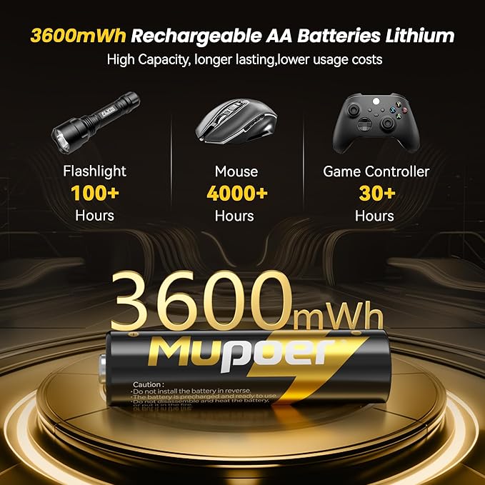 Mupoer Rechargeable AA Lithium Batteries with Charger,3600mWh 12 Pack 1.5V Blink Batteries Lithium AA,Double A Battery Rechargeable,Long Lasting Pilas Recargables Lithium ion AA Battery for Xbox