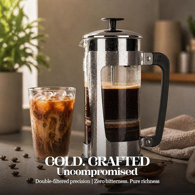 ESPRO Plus P5 French Press Coffee Maker – Patented Double Micro-Filter for Grit Free Brew, Heat-Resistant Thicker Borosilicate Glass Coffee Press – (18 oz)