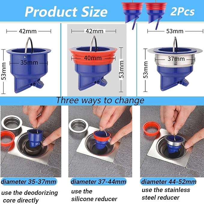 4PCS Shower Drain Core Plug and Backflow Preventer, 2pcs for 1.25 to 2.16 Inch Odor Proof Floor Drain Shower Drain Stopper, 2 for 1.37 to 2 Inch Water Stopper for Shower with Backflow Cover
