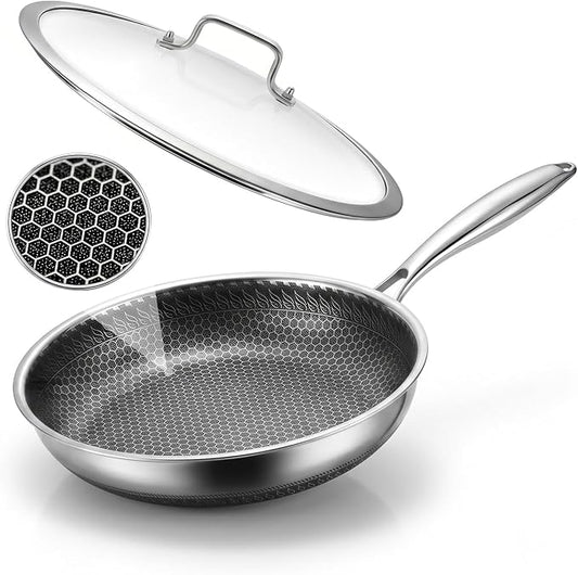 10 Inch Nonstick Stainless Steel Frying Pan Honeycomb with Lid | PFAS PFOA PTFE Free, Scratch-Proof & Metal Utensil Safe, All Cooktops Compatible, Oven & Dishwasher Safe Fajita Skillet