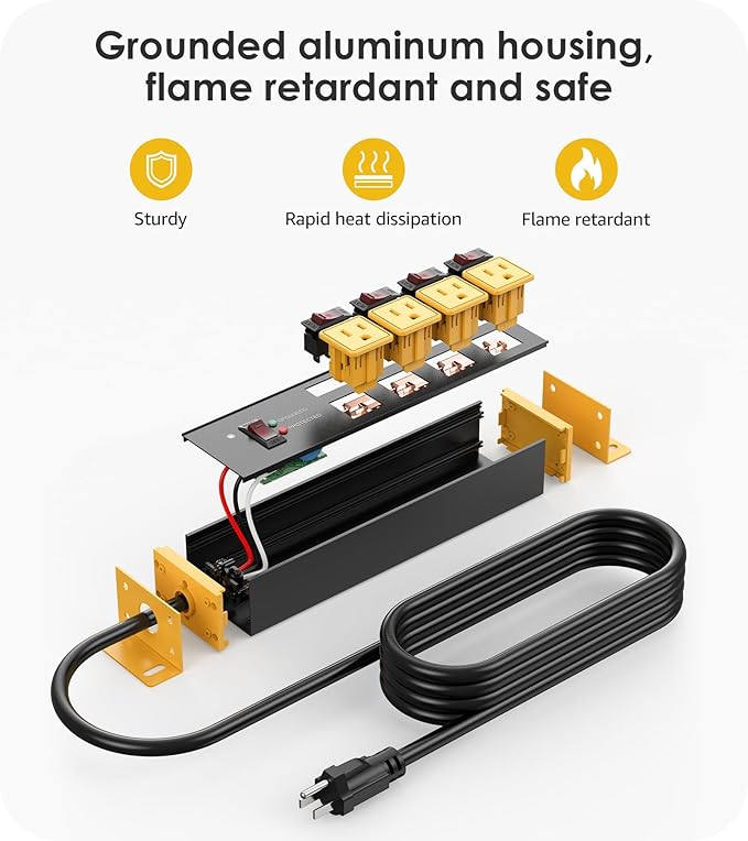 CCCEI Heavy Duty Surge Protector Power Strip 20 Amp Individual Switches. 20FT 12 Gauge Extension Cord with Multiple Outlets. Kitchen, Garage, Shop, Industrial Wall Mount Electric Extender, Yellow.