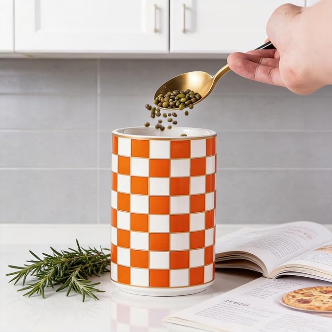 Kitchen Countertop Ceramic Checkered Canisters,Black And White Food Storage Containers With Lid,Airtight Kitchen Canisters for Flour, Sugar, Coffee, Tea, and Dry Goods (Orange, Large)