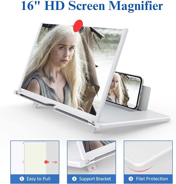 16" Screen Magnifier,3D HD Mobile Phone Magnifier Projector Screen Enlarger for Movies, Videos, and Gaming,Foldable Cell Phone Stand with Screen Amplifier,Supports All Smartphones (White 16inch)