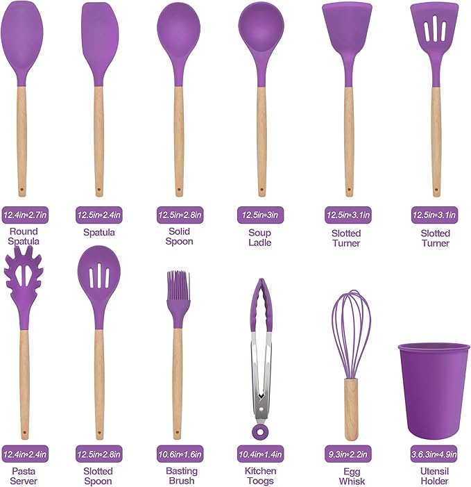 Kitchen Utensils Set 12 Pieces Nonstick Silicone Cooking Utensils Wood Handle Silicone Cooking Utensils Set with Holder Dishwasher Safe BPA Free (Purple)