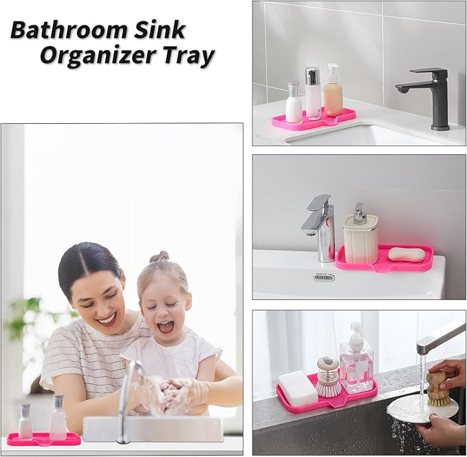 MicoYang Silicone Soap Dish with Drain Spout — Self-Draining Sink Organizer Tray for Bathroom & Kitchen, Sponges, Dispensers & Soap Holder, Non-Slip & Dishwasher Safe, Rose (Medium, 9.6"×5.3")