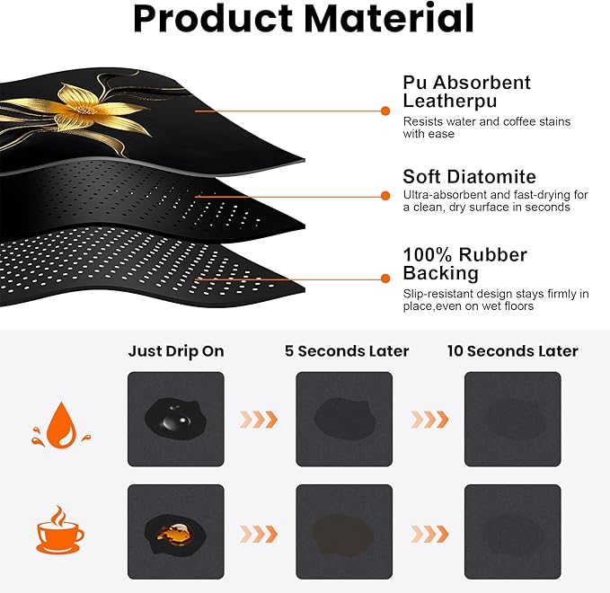 Coffee Mat 17"x32" - Extra Large Absorbent Non Slip Dish Drying Mat,Coffee Bar Accessories,Kitchen Counter Protector for Coffeemaker, Sink, Dining Decor