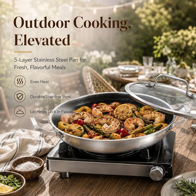 DELARLO Paella Pan 14 Inch Tri-Ply Stainless Steel Paella Pan with Lid Nonstick Frying Pan, Hybrid Induction Large Skillets,Great for Paella Parties Indoors Outdoors,Heavy Duty Style