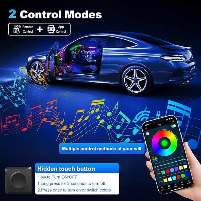 Acrylic Interior Car LED Strip Light with Wireless APP, RGB 6 in 1 with 175 inches 593 LEDs Fiber Optic Ambient Lighting Kits, 16 Million Colors Sound Active Function Car Neon Lights