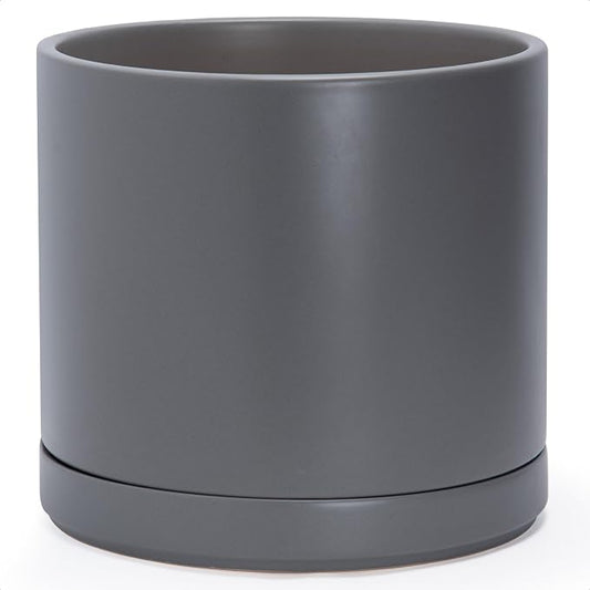 D'vine Dev 14 Inch Ceramic Planter Pot with Drainage Hole and Saucer, Indoor Cylinder Round Planter Pot, Speckled Grey, 94-O-G-3