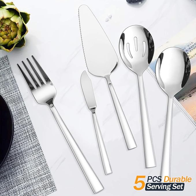 77-Piece Silverware Set with Steak Knives, Solid Stainless Steel Flatware Utensils, Modern Elegant Cutlery Tableware Set, Attach Serving Set, Mirror Polished, Dishwasher Safe-Service for 12