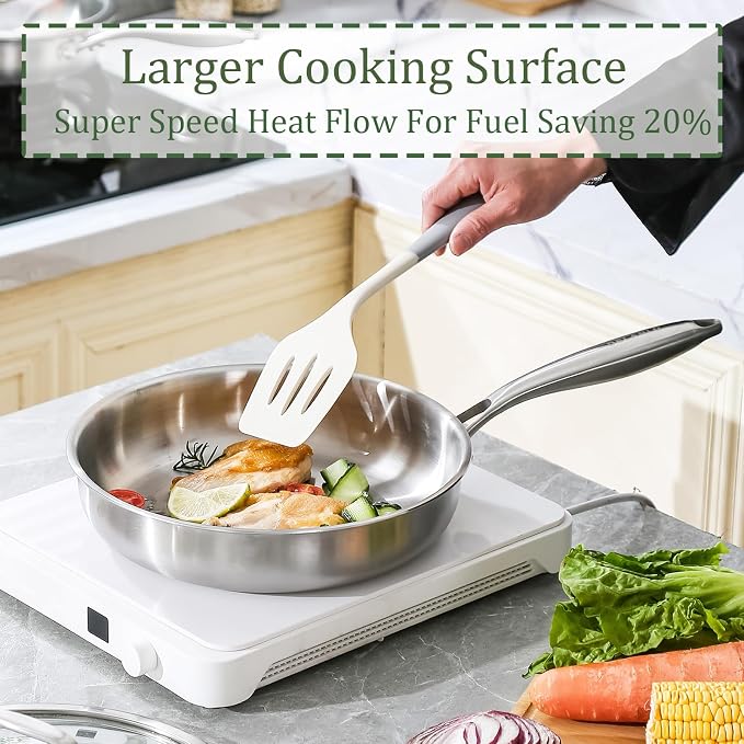 DELARLO Tri-ply Stainless Steel Frying Pan with Lid 10.3Inch | Heavy Duty, Compatible with All Cooktop, up to 600℉, Fast & Even Heating, PTFE & PFOA Free, Oven Safe Skillet